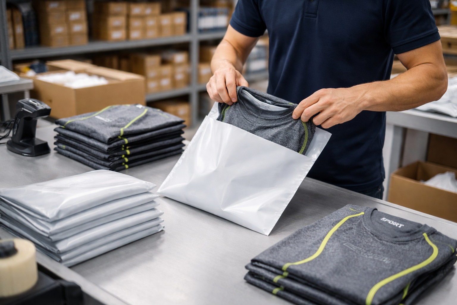 Medarbetare packar en produkt i påse vid packstationen